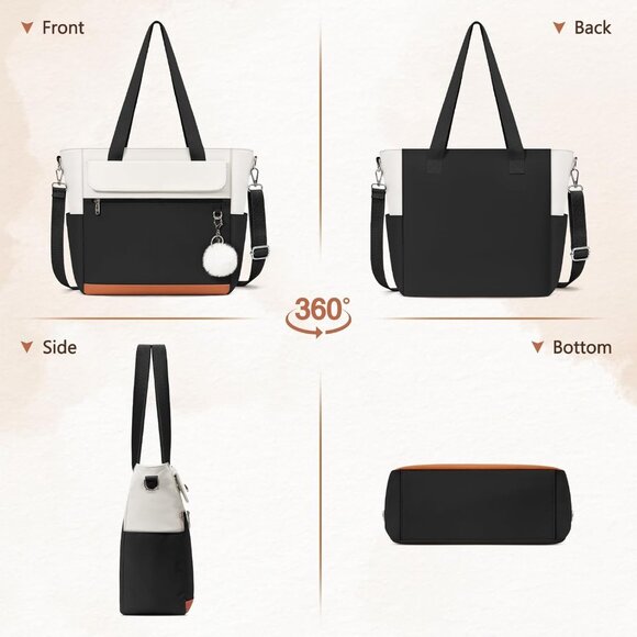 Women Black With White Multi-Pocket Waterproof Canvas Tote Bags with Zipper - Picture 5 of 6